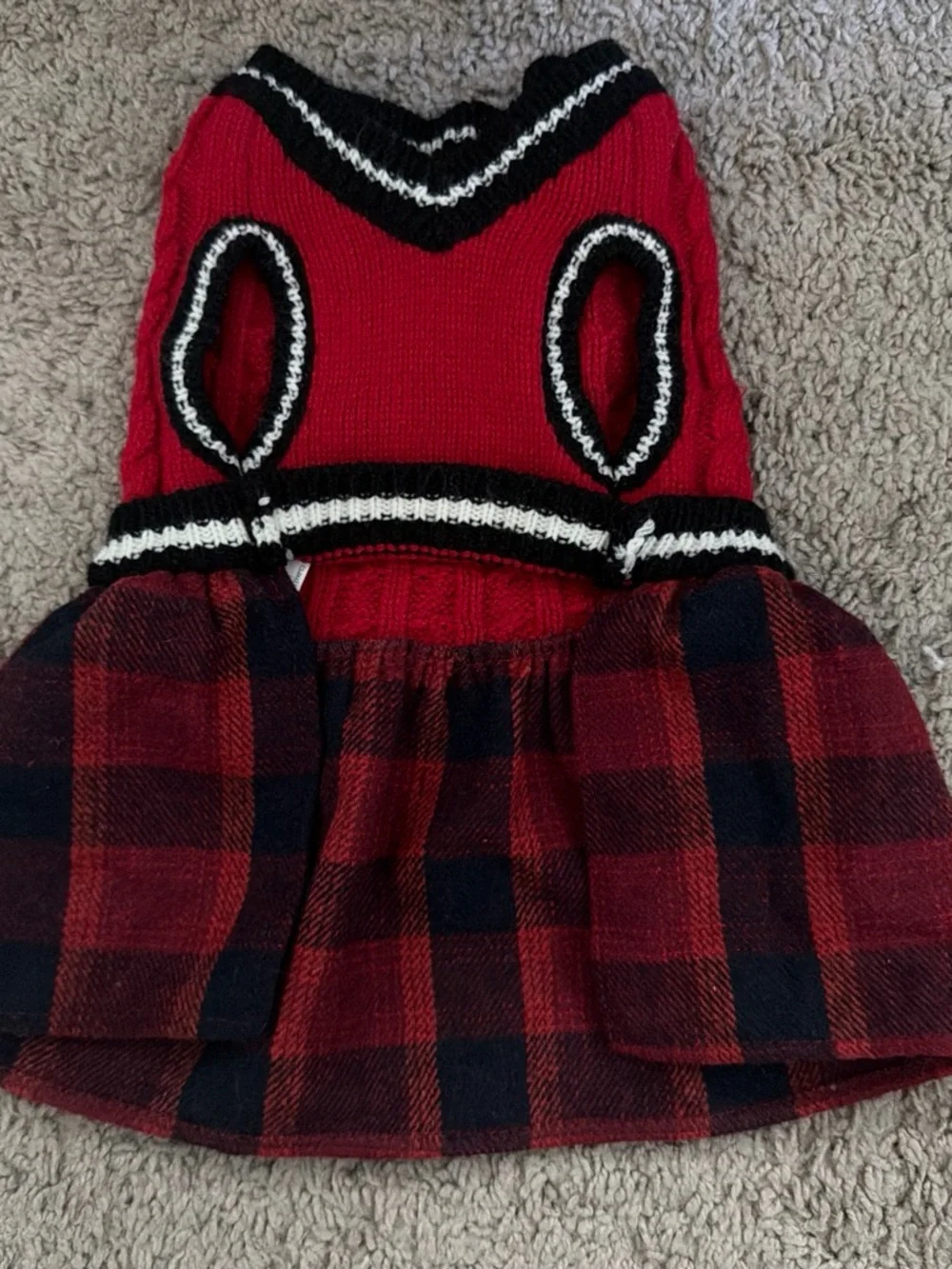 Red Cable Knit & Plaid Ruffle Dress